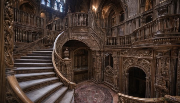 indoors,no humans,window,sunlight,scenery,stairs,door,railing,architecture,perspective,pillar,statue,stained glass,church,arch,chandelier,column,light rays,wooden floor,light,candle,hallway,carpet,candlestand