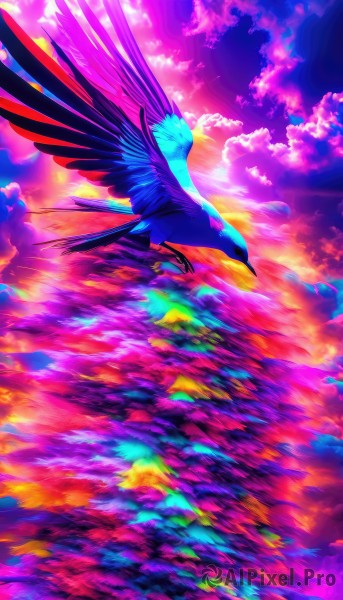 solo,outdoors,wings,sky,cloud,no humans,bird,animal,cloudy sky,scenery,reflection,flying,sunset,animal focus,twilight,colorful,abstract,spread wings,purple sky,pink sky,closed mouth,full body,water,pokemon (creature)