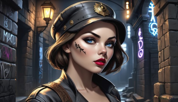 1girl,solo,looking at viewer,short hair,blue eyes,brown hair,hat,jewelry,collarbone,jacket,earrings,outdoors,artist name,uniform,lips,black headwear,tattoo,makeup,night,facial mark,lipstick,portrait,red lips,stud earrings,brick wall,facial tattoo,police,police uniform,policewoman,mascara,police hat,parted lips,signature,english text,eyelashes,thick eyebrows,building,peaked cap,eyeshadow,sign,nose,eyeliner,facepaint,body writing,lamppost,graffiti,thick lips