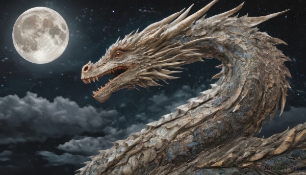 open mouth,red eyes,outdoors,wings,sky,teeth,cloud,orange eyes,no humans,night,fangs,moon,sharp teeth,star (sky),night sky,full moon,starry sky,monster,fantasy,dragon,scales,tail,horns,from side,cloudy sky