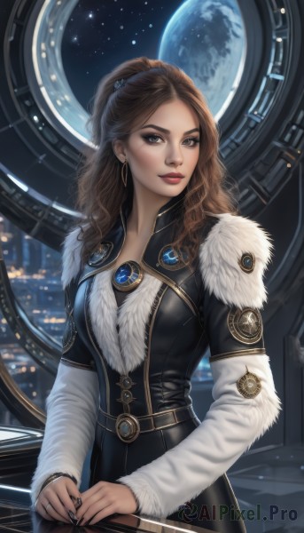 1girl,solo,long hair,breasts,looking at viewer,brown hair,long sleeves,dress,brown eyes,jewelry,earrings,sky,nail polish,lips,fur trim,window,makeup,night,wavy hair,moon,lipstick,star (sky),science fiction,curly hair,realistic,nose,red lips,space,planet,medium breasts,artist name,black dress,ring,black nails,eyeshadow,hoop earrings