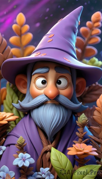 solo,looking at viewer,1boy,hat,upper body,flower,grey hair,male focus,blurry,black eyes,witch hat,blurry background,facial hair,leaf,thick eyebrows,plant,portrait,beard,purple background,robe,mustache,purple flower,purple headwear,mushroom,old,wizard hat,wizard,grey eyes,web address,old man