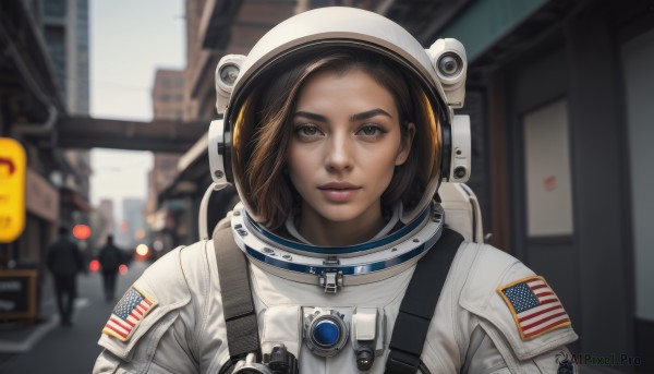 1girl,solo,looking at viewer,smile,short hair,brown hair,black hair,brown eyes,upper body,parted lips,solo focus,blurry,lips,depth of field,blurry background,helmet,building,portrait,sign,realistic,nose,american flag,spacesuit,space helmet,astronaut,outdoors,forehead,reflection,science fiction,flag,japanese flag