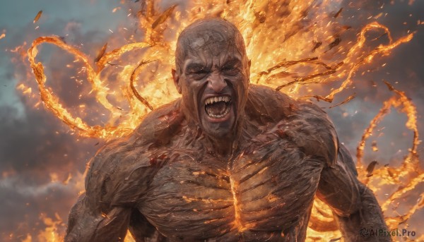 solo,looking at viewer,open mouth,1boy,upper body,male focus,sky,teeth,muscular,fire,muscular male,angry,veins,topless male,bald,manly,embers,burning,blood,chain,scar