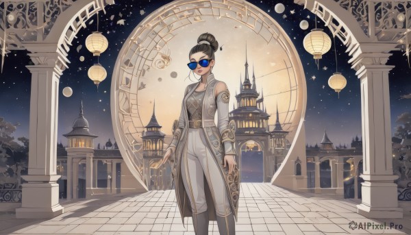 1girl,solo,breasts,looking at viewer,smile,blue eyes,black hair,long sleeves,bare shoulders,jewelry,closed mouth,standing,boots,outdoors,detached sleeves,sky,belt,pants,hair bun,tree,coat,night,watermark,moon,single hair bun,sunglasses,building,star (sky),night sky,scenery,starry sky,lantern,white pants,clock,grey pants,architecture,tinted eyewear,pillar,tower,fountain,blue-tinted eyewear,brown hair,weapon,sword,animification,looking over eyewear,column