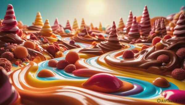 outdoors,food,sky,day,blurry,blue sky,no humans,fruit,depth of field,blurry background,scenery,plate,cake,chocolate,ice cream,strawberry,sun,cherry,food focus,cream,pancake,still life,sweets,dessert,whipped cream,blueberry,icing,syrup,water,candy,lens flare