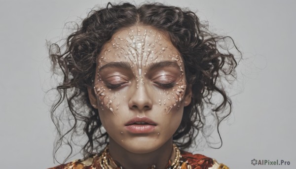 1girl,solo,simple background,black hair,jewelry,closed eyes,parted lips,dark skin,grey background,necklace,mole,dark-skinned female,lips,eyelashes,makeup,messy hair,portrait,mole under mouth,facing viewer,curly hair,realistic,mole on cheek,earrings,close-up