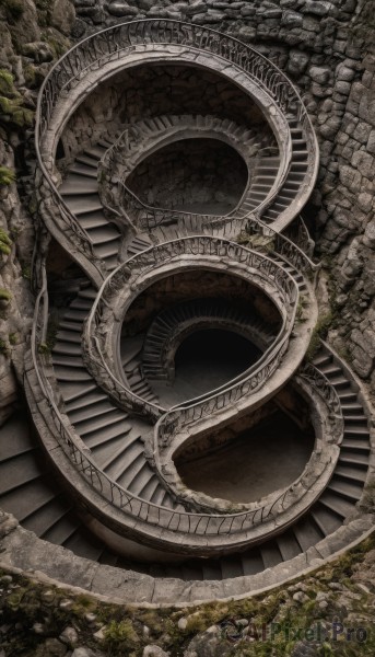 outdoors,tree,no humans,from above,traditional media,plant,nature,scenery,rock,stairs,ruins,bridge,pillar,arch,moss,grass,stone,stone floor