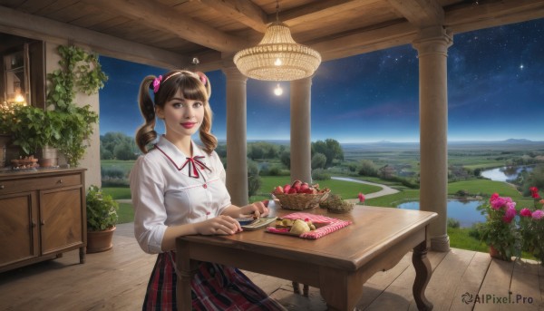 1girl,solo,long hair,looking at viewer,smile,bangs,skirt,brown hair,shirt,hair ornament,long sleeves,ribbon,holding,twintails,brown eyes,sitting,white shirt,flower,pleated skirt,outdoors,food,sky,collared shirt,indoors,water,red ribbon,tree,cup,lips,plaid,neck ribbon,night,fruit,red skirt,plaid skirt,chair,table,plant,star (sky),night sky,scenery,pink flower,plate,starry sky,reflection,basket,potted plant,lamp,bread,garden,medium hair,window,drill hair,knife,lipstick,sleeves rolled up,cake,chocolate,realistic,strawberry,fork,candle,vase,cupcake,cutting board