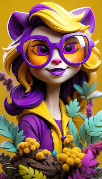 1girl,solo,long hair,looking at viewer,smile,blonde hair,animal ears,purple eyes,upper body,purple hair,flower,multicolored hair,glasses,teeth,artist name,signature,two-tone hair,makeup,leaf,sunglasses,lipstick,furry,eyeshadow,personification,purple flower,furry female,purple lips,hood,hoodie,watermark,plant,purple-framed eyewear