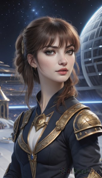 1girl,solo,long hair,breasts,looking at viewer,bangs,brown hair,brown eyes,jewelry,upper body,parted lips,sky,artist name,signature,medium hair,armor,mole,lips,mole under eye,night,star (sky),night sky,starry sky,freckles,realistic,nose,space,earrings,planet