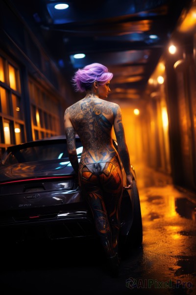 1girl,solo,short hair,holding,jewelry,underwear,standing,panties,weapon,purple hair,ass,earrings,looking back,pants,dark skin,from behind,blurry,dark-skinned female,gun,tattoo,night,blurry background,back,topless,piercing,ground vehicle,ear piercing,motor vehicle,walking,thong,hoop earrings,car,arm tattoo,cyberpunk,back tattoo,sports car,full-body tattoo,pink hair,indoors,lips,black panties,makeup,lipstick,lace,legs together,nose,facing away,very short hair,undercut,leg tattoo,neon lights