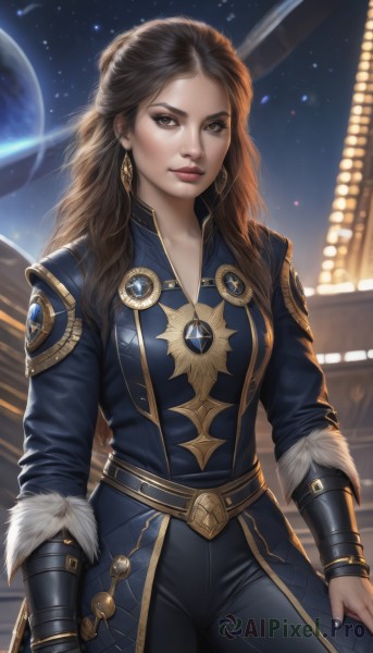 1girl,solo,long hair,breasts,looking at viewer,brown hair,brown eyes,jewelry,cowboy shot,earrings,sky,belt,pants,signature,nail polish,armor,lips,fur trim,makeup,night,watermark,gem,star (sky),web address,starry sky,realistic,nose,vambraces,space,bracer,hand on own thigh,planet,artist name,necklace,bodysuit,earth (planet)