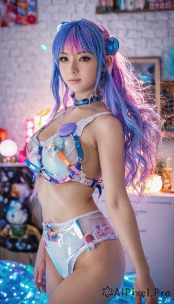 1girl,solo,long hair,breasts,looking at viewer,smile,bangs,hair ornament,navel,cleavage,brown eyes,medium breasts,closed mouth,blue hair,standing,swimsuit,pink hair,purple hair,bikini,multicolored hair,cowboy shot,choker,indoors,blunt bangs,water,mole,blurry,two-tone hair,lips,blurry background,white bikini,sunglasses,wading,realistic,pool,brick wall,artist name,wet,watermark,goggles,lamp,eyewear removed,goggles around neck,eyewear hang