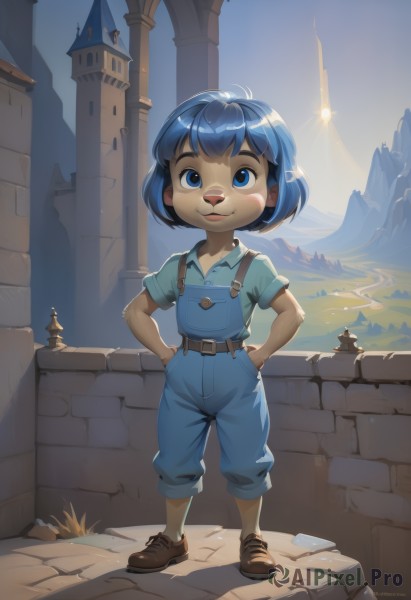 1girl,solo,looking at viewer,smile,short hair,open mouth,blue eyes,shirt,animal ears,blue hair,standing,full body,short sleeves,outdoors,sky,shoes,day,collared shirt,belt,pants,artist name,signature,brown footwear,suspenders,blue shirt,child,furry,hands on hips,mountain,hands in pockets,furry female,female child,overalls,castle,tower,blue overalls,bangs,blush stickers,backlighting