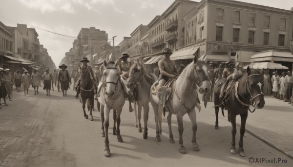 multiple girls,hat,monochrome,greyscale,outdoors,multiple boys,sky,cloud,6+girls,animal,ground vehicle,building,scenery,6+boys,city,road,riding,sepia,horse,street,horseback riding,people,1girl,long hair,holding,weapon,boots,shoes,day,pants,bag,shadow,bird,walking,power lines,cowboy hat,utility pole,crowd