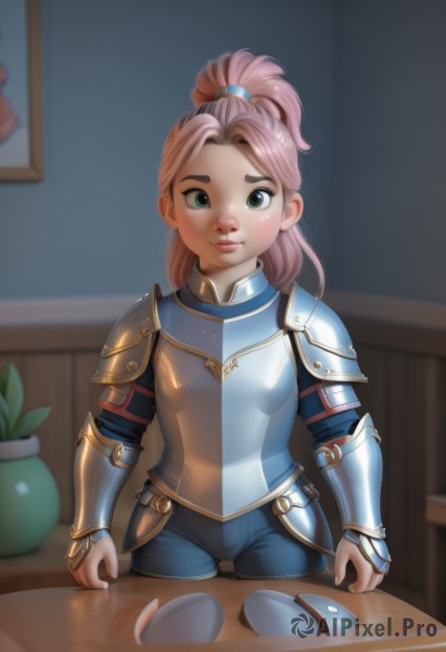 1girl,solo,long hair,breasts,looking at viewer,smile,bangs,closed mouth,green eyes,ponytail,pink hair,cowboy shot,small breasts,pants,artist name,indoors,armor,blurry,lips,blurry background,table,shoulder armor,plate,freckles,pauldrons,breastplate,blue pants,brown hair,aged down