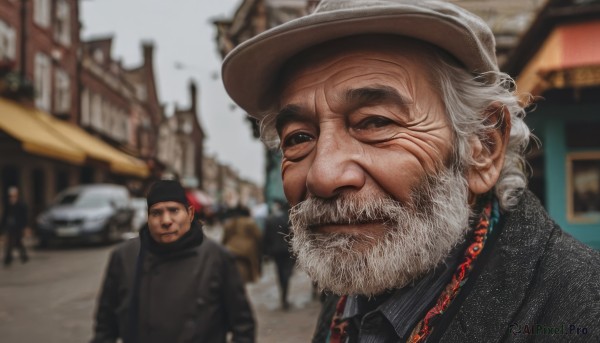 looking at viewer,blue eyes,shirt,1boy,hat,closed mouth,upper body,white hair,grey hair,male focus,outdoors,one eye closed,multiple boys,necktie,solo focus,day,blurry,black jacket,depth of field,blurry background,facial hair,ground vehicle,building,portrait,motor vehicle,beard,realistic,mustache,car,bald,old,old man,crowd,smile,jacket,striped,collared shirt,black eyes,formal,suit,black necktie,striped shirt,manly,pinstripe pattern