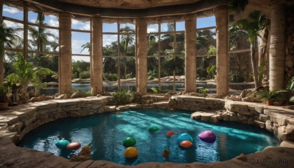 outdoors,sky,day,cloud,indoors,water,tree,blue sky,no humans,window,plant,scenery,reflection,rock,palm tree,pool,potted plant,ruins,moss,overgrown,food,fruit,mushroom,pillar