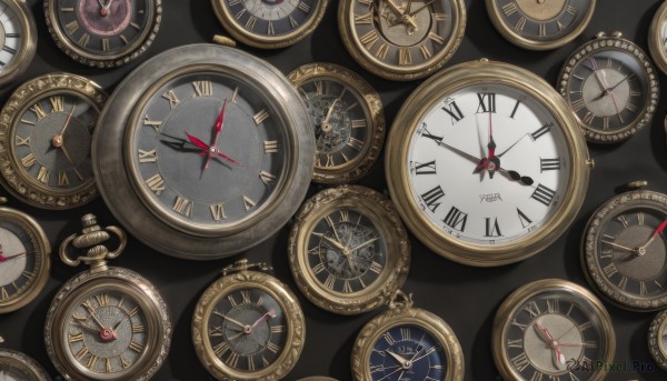 weapon,sword,no humans,from above,watch,clock,gears,pocket watch,still life,roman numeral,grey background,english text,chain,knife,analog clock