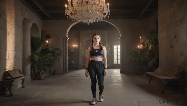 1girl,solo,long hair,breasts,looking at viewer,brown hair,black hair,navel,cleavage,bare shoulders,twintails,brown eyes,jewelry,medium breasts,standing,full body,braid,shoes,midriff,pants,indoors,twin braids,crop top,window,black pants,table,sunlight,white footwear,tank top,plant,wristband,sneakers,walking,sports bra,sportswear,arms at sides,potted plant,wide shot,yoga pants,black sports bra,chandelier,bracelet,lips,chair,watch,realistic,candle,sweatpants