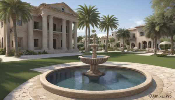 outdoors,sky,day,cloud,water,tree,blue sky,no humans,window,chair,grass,plant,building,scenery,reflection,palm tree,door,pool,bush,shade,house,lamppost,reflective water,fountain,shadow,sunlight,road,architecture,pillar,statue,path,arch,column