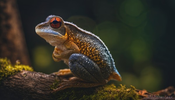 solo,full body,outdoors,blurry,from side,pokemon (creature),no humans,depth of field,blurry background,animal,grass,claws,lens flare,monster,realistic,animal focus,bokeh,alien,dinosaur,kaijuu,tail,teeth,sharp teeth,scales,shell,lizard