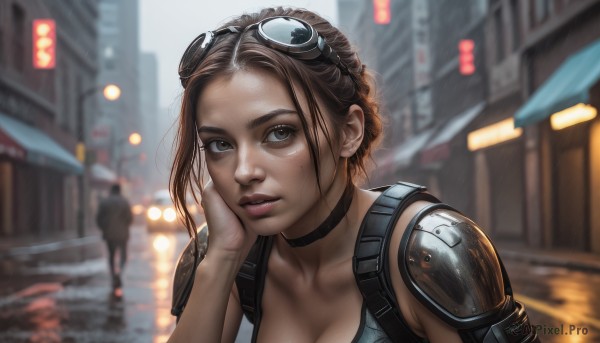 1girl,solo,breasts,looking at viewer,short hair,brown hair,cleavage,brown eyes,jewelry,medium breasts,collarbone,upper body,earrings,outdoors,parted lips,solo focus,choker,armor,mole,blurry,lips,wet,depth of field,blurry background,black choker,goggles,building,forehead,hand on own face,freckles,science fiction,rain,goggles on head,city,realistic,nose,hand on own cheek,road,street,cyberpunk,large breasts,day,eyelashes,night,shoulder pads,single mechanical arm