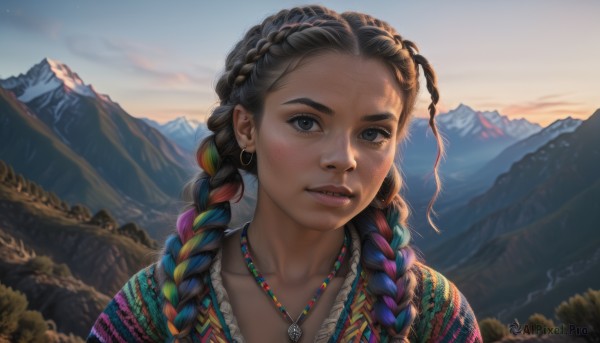 1girl,solo,long hair,looking at viewer,brown hair,black hair,jewelry,collarbone,upper body,braid,multicolored hair,earrings,outdoors,parted lips,sky,teeth,dark skin,necklace,black eyes,twin braids,two-tone hair,dark-skinned female,lips,streaked hair,grey eyes,eyelashes,makeup,portrait,forehead,freckles,hoop earrings,mountain,realistic,nose,mountainous horizon,multiple braids,twintails,artist name,piercing,sunlight,thick eyebrows,multicolored clothes,backlighting,sunset,light rays,sunrise,dreadlocks