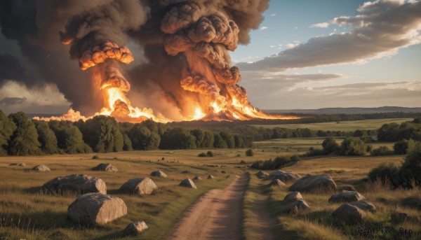 outdoors,sky,day,cloud,tree,blue sky,no humans,bird,cloudy sky,grass,fire,nature,scenery,forest,smoke,rock,mountain,explosion,landscape,burning,water