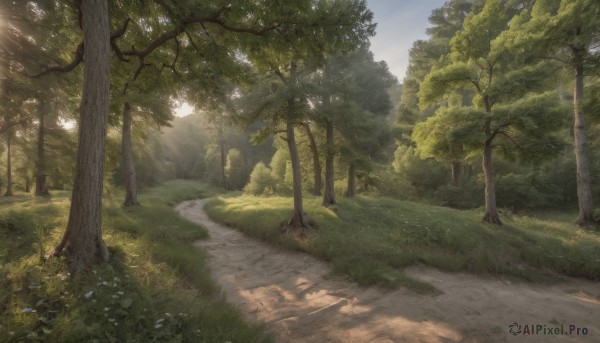 flower,outdoors,sky,day,tree,no humans,shadow,sunlight,grass,plant,nature,scenery,forest,light rays,road,bush,dappled sunlight,path,cloud,blue sky,landscape