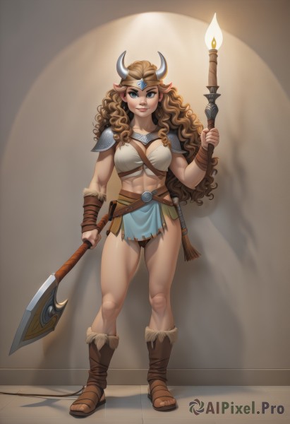 1girl,solo,long hair,breasts,looking at viewer,smile,blue eyes,blonde hair,large breasts,brown hair,navel,holding,cleavage,medium breasts,standing,full body,weapon,boots,horns,pointy ears,midriff,artist name,holding weapon,armor,lips,muscular,toes,wavy hair,abs,sandals,polearm,shoulder armor,pelvic curtain,curly hair,toned,pauldrons,spear,fantasy,muscular female,candle,fake horns,bracer,axe,bikini armor,loincloth,holding axe,torch,battle axe,brown footwear,forehead jewel,forehead protector