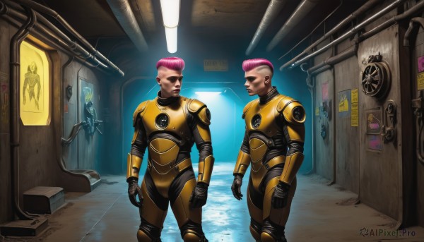 1girl,short hair,multiple girls,gloves,standing,pink hair,male focus,multicolored hair,multiple boys,indoors,dark skin,2boys,armor,two-tone hair,bodysuit,sunglasses,helmet,robot,science fiction,realistic,door,pilot suit,cable,very short hair,undercut,cyborg,pompadour,spacesuit,mohawk,cyberpunk,jewelry,earrings,signature,military,bald