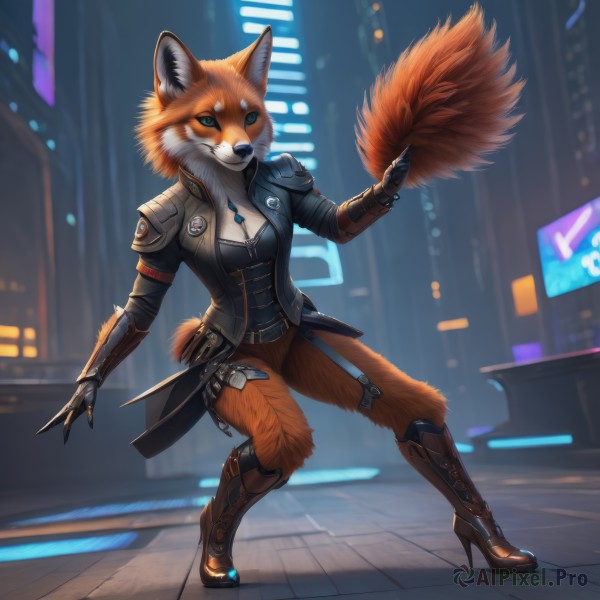 1girl,solo,breasts,looking at viewer,smile,blue eyes,gloves,holding,animal ears,cleavage,jewelry,medium breasts,standing,jacket,tail,full body,boots,open clothes,belt,pants,artist name,necklace,armor,blurry,high heels,open jacket,fox ears,blurry background,fox tail,knee boots,claws,furry,genderswap (mtf),high heel boots,colored sclera,city,furry female,mechanical arms,leather,single mechanical arm,cyberpunk,orange fur,long sleeves,closed mouth,weapon,small breasts,outdoors,indoors,black footwear,orange hair,aqua eyes,black jacket,night,depth of field,brown footwear,feathers,fox girl,zipper,body fur,brown pants,white fur,animal nose,snout,city lights,leather boots,digitigrade