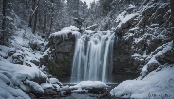 A delightful capture of a waterfall within snowy outdoors