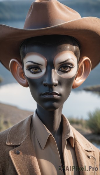 solo,looking at viewer,shirt,black hair,1boy,hat,brown eyes,jacket,upper body,male focus,outdoors,parted lips,teeth,day,collared shirt,blurry,lips,blurry background,colored skin,portrait,brown jacket,realistic,brown headwear,cowboy hat,short hair,white shirt,sky,depth of field,serious,very short hair,leather jacket