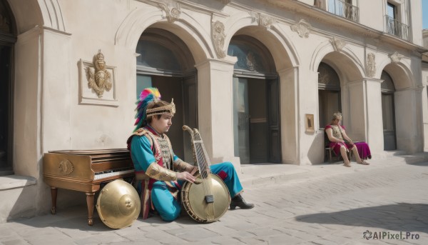 short hair,brown hair,long sleeves,1boy,hat,holding,jewelry,sitting,closed mouth,male focus,boots,outdoors,multiple boys,day,pants,indoors,dark skin,2boys,necklace,shadow,dark-skinned male,feathers,instrument,door,music,blue pants,bench,bracer,hat feather,playing instrument,pillar,statue,turban,harp,lute (instrument),blonde hair,black footwear,facial hair,parody,throne,tunic,fine art parody