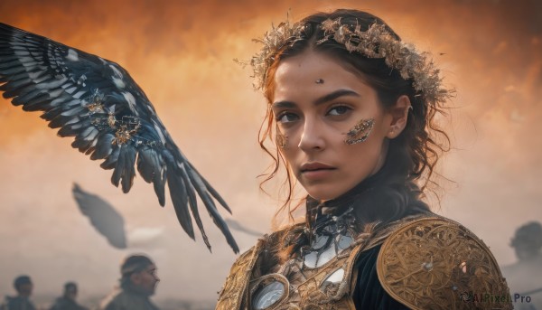 1girl,long hair,looking at viewer,blue eyes,brown hair,black hair,hair ornament,jewelry,upper body,outdoors,parted lips,multiple boys,sky,solo focus,cloud,armor,blurry,black eyes,lips,grey eyes,depth of field,blurry background,bird,animal,shoulder armor,gem,portrait,pauldrons,realistic,nose,fantasy,earrings,wings,facial mark,piercing,cloudy sky,feathers,backlighting,curly hair,sunset,facepaint,crow