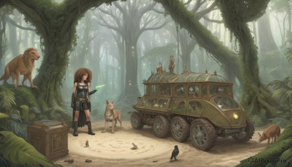 1girl,solo,long hair,short hair,brown hair,gloves,holding,brown eyes,standing,weapon,boots,outdoors,sword,tree,glowing,bird,animal,cat,grass,plant,ground vehicle,nature,scenery,motor vehicle,forest,dog,rabbit,fantasy,car,road,bear,squirrel,truck,deer,cart,elbow gloves,crow