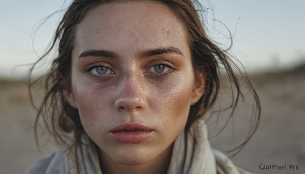 1girl,solo,looking at viewer,short hair,brown hair,black hair,outdoors,parted lips,day,blurry,lips,grey eyes,floating hair,depth of field,blurry background,thick eyebrows,wind,messy hair,portrait,close-up,freckles,realistic,straight-on,dirty,brown eyes,green eyes,sweat,sky,teeth,scarf,eyelashes,forehead,nose,dirty face