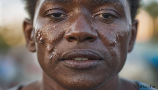 solo,looking at viewer,short hair,black hair,1boy,male focus,sweat,parted lips,teeth,blurry,black eyes,lips,depth of field,blurry background,facial hair,portrait,close-up,realistic,dirty,clenched teeth,nose