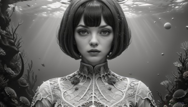 1girl,solo,looking at viewer,short hair,bangs,closed mouth,monochrome,upper body,greyscale,parted lips,blunt bangs,water,lips,eyelashes,sunlight,bob cut,portrait,fish,bubble,light rays,underwater,realistic,nose,air bubble,coral,jewelry,jellyfish