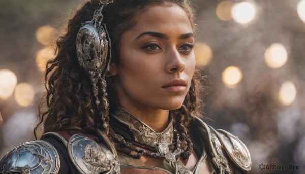 1girl,solo,long hair,brown hair,black hair,brown eyes,jewelry,upper body,braid,dark skin,necklace,armor,mole,blurry,dark-skinned female,lips,mole under eye,depth of field,blurry background,wavy hair,shoulder armor,portrait,curly hair,pauldrons,breastplate,realistic,nose,bokeh,very dark skin,dreadlocks,gorget,chain,headphones,looking away,freckles