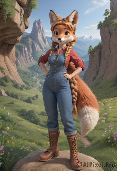 1girl,solo,long hair,breasts,looking at viewer,smile,brown hair,shirt,hair ornament,long sleeves,animal ears,brown eyes,very long hair,closed mouth,standing,tail,full body,braid,flower,small breasts,boots,outdoors,sky,day,collared shirt,pants,artist name,cloud,twin braids,tree,blue sky,fox ears,fox tail,watermark,brown footwear,happy,grass,fox girl,red shirt,furry,forehead,sleeves rolled up,cross-laced footwear,freckles,pocket,hands on hips,mountain,hair tie,furry female,dog girl,blue pants,lace-up boots,overalls,body fur,animal nose,snout,brown fur,two-tone fur,yellow fur,orange fur,blue overalls,hairband,animal ear fluff,thick eyebrows,denim,goggles,hair over shoulder,extra ears,goggles on head,purple flower