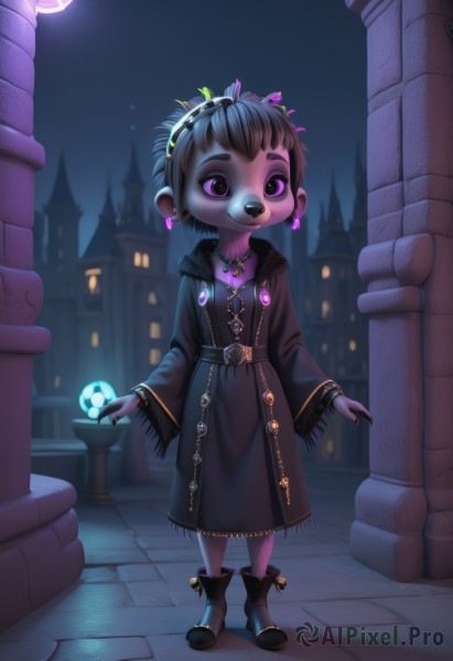 1girl,solo,looking at viewer,smile,short hair,bangs,black hair,hair ornament,long sleeves,dress,animal ears,jewelry,standing,purple eyes,full body,earrings,boots,outdoors,sky,belt,artist name,hood,wide sleeves,necklace,nail polish,black footwear,black dress,flat chest,fingernails,night,glowing,colored skin,moon,ring,building,gem,child,black nails,night sky,furry,full moon,pendant,robe,city,fantasy,furry female,female child,magic,pavement,closed mouth,black eyes,body fur,animal nose,brown fur,crystal ball