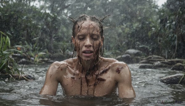 solo,open mouth,black hair,1boy,closed eyes,upper body,male focus,nude,outdoors,teeth,day,water,blurry,tree,wet,blood,facial hair,plant,nature,facing viewer,forest,partially submerged,rain,rock,realistic,bathing,wet hair,long hair,collarbone,tattoo,scar,topless male