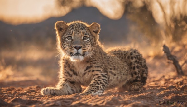 looking at viewer,open mouth,full body,outdoors,blurry,no humans,blurry background,animal,fangs,cat,smoke,realistic,animal focus,tiger,dust,lion,solo,signature,fire,embers,molten rock