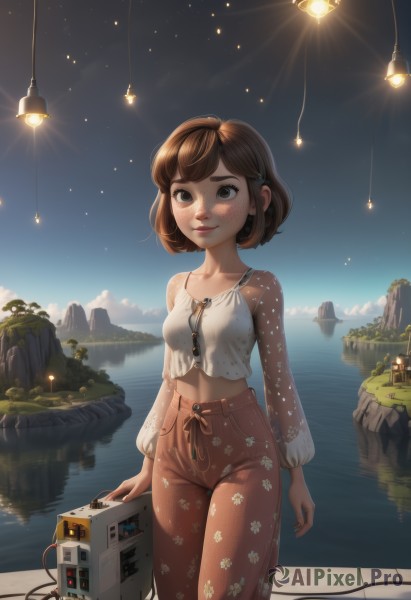 1girl,solo,breasts,looking at viewer,blush,smile,short hair,bangs,brown hair,shirt,long sleeves,navel,brown eyes,medium breasts,closed mouth,standing,collarbone,white shirt,small breasts,outdoors,sky,day,midriff,pants,artist name,cloud,water,nail polish,tree,blue sky,lips,crop top,see-through,night,floral print,thick eyebrows,plant,star (sky),night sky,starry sky,backlighting,freckles,reflection,science fiction,arms at sides,cable,eyewear removed,cliff,eyewear hang,watermark,sunglasses,light