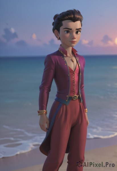 1girl,solo,breasts,looking at viewer,short hair,brown hair,black hair,long sleeves,cleavage,brown eyes,jewelry,closed mouth,standing,collarbone,jacket,earrings,small breasts,outdoors,parted lips,open clothes,sky,day,belt,pants,artist name,cloud,dark skin,water,necklace,hair bun,blurry,black eyes,bracelet,dark-skinned female,blue sky,lips,makeup,depth of field,blurry background,feet out of frame,ocean,beach,ring,lipstick,red jacket,sunset,sand,arms at sides,horizon,red lips,red pants,hair slicked back,shore,flat chest