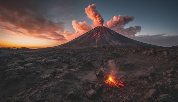 outdoors, sky, cloud, no humans, fire, scenery, sunset, rock, mountain, landscape, molten rock